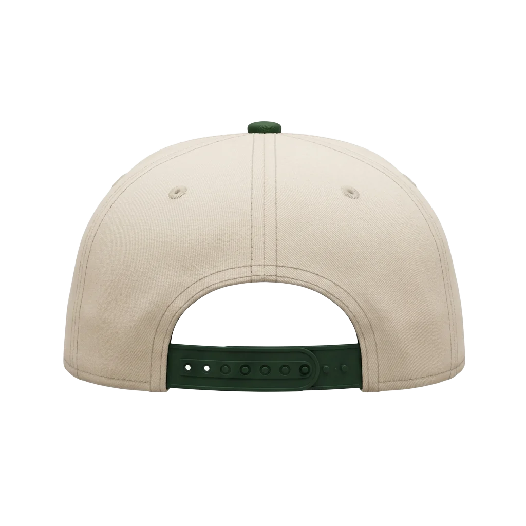Back of the 7am cap showing the adjustable forest green snapback