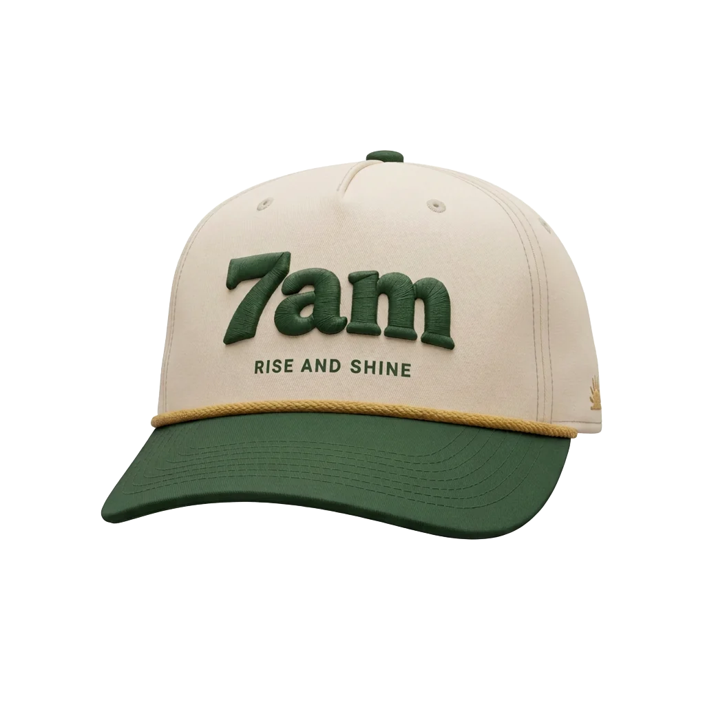 Front of the 7am Rise and Shine cap with green embroidery and mustard rope