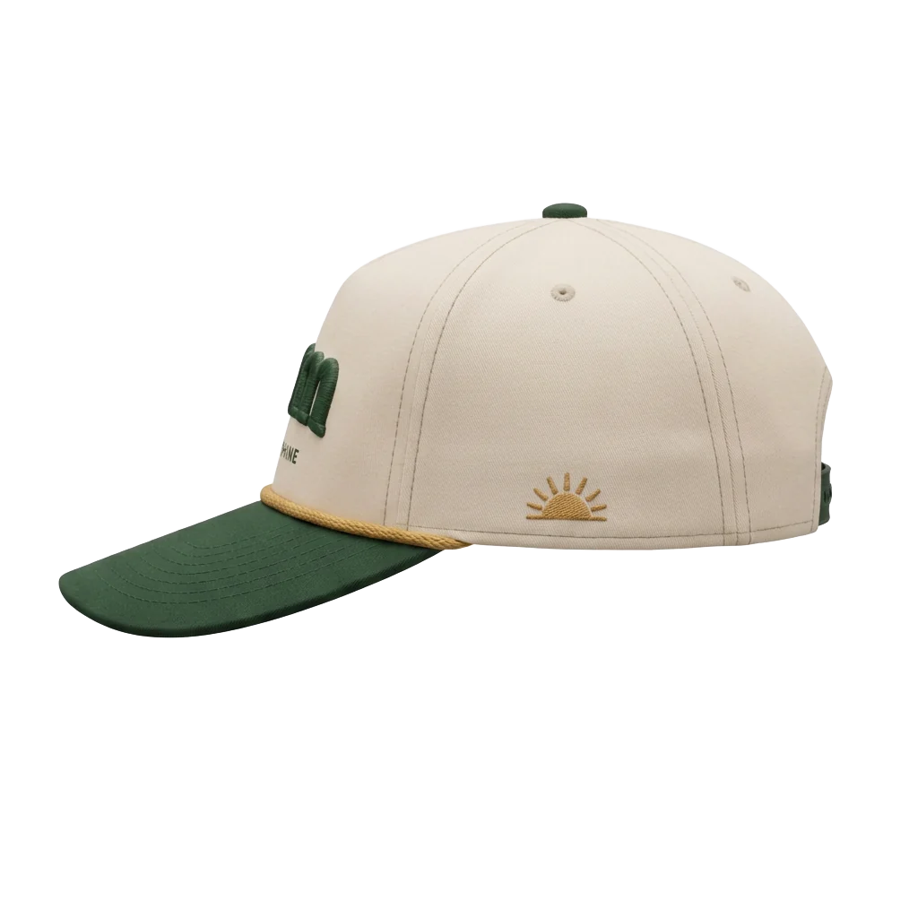 Side of the 7am cap showing the mustard sunrise embroidery